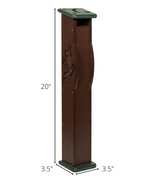 Product image showing a brown and green plastic post with frog and moon carvings a decorative slot and a square base
