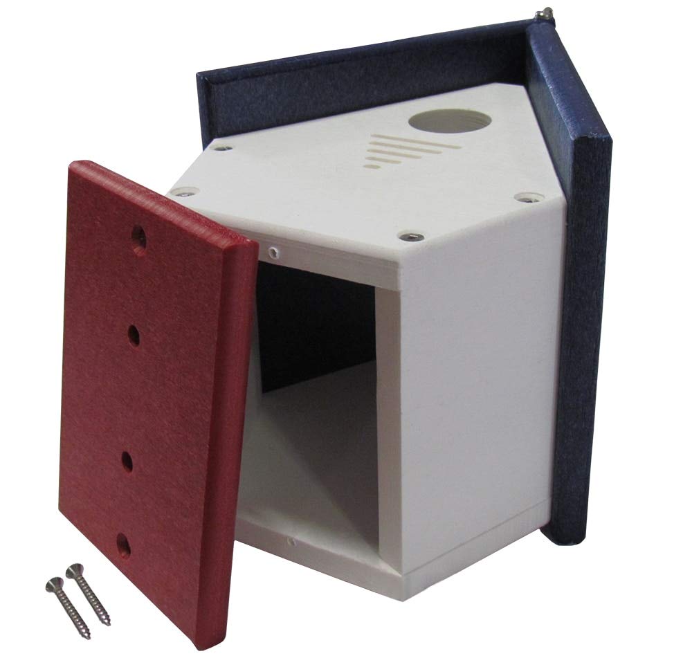 Plastic birdhouse with removable red panel and dark blue roof showing interior detail and ventilation slots