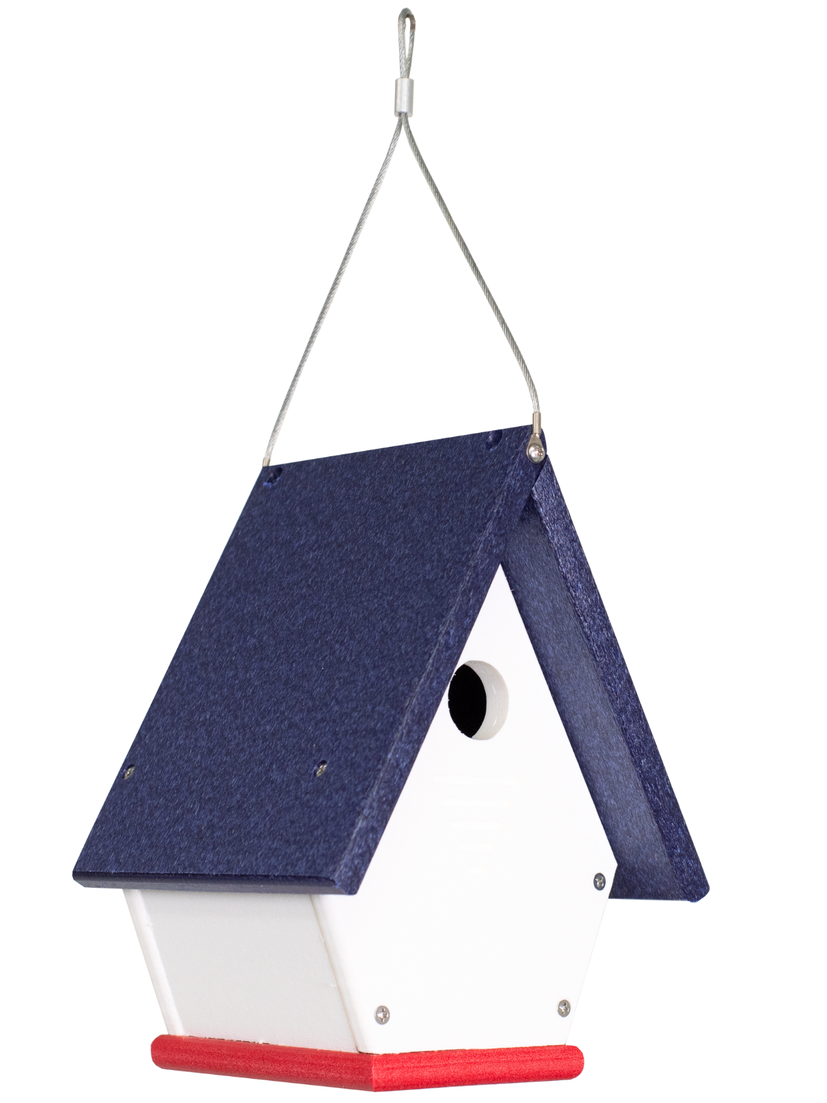 Recycled plastic birdhouse with a navy blue roof red base and white walls hanging against a white background