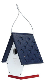 Recycled plastic birdhouse featuring a navy blue roof with embossed stars a white body and red base ideal for gardens or yards
