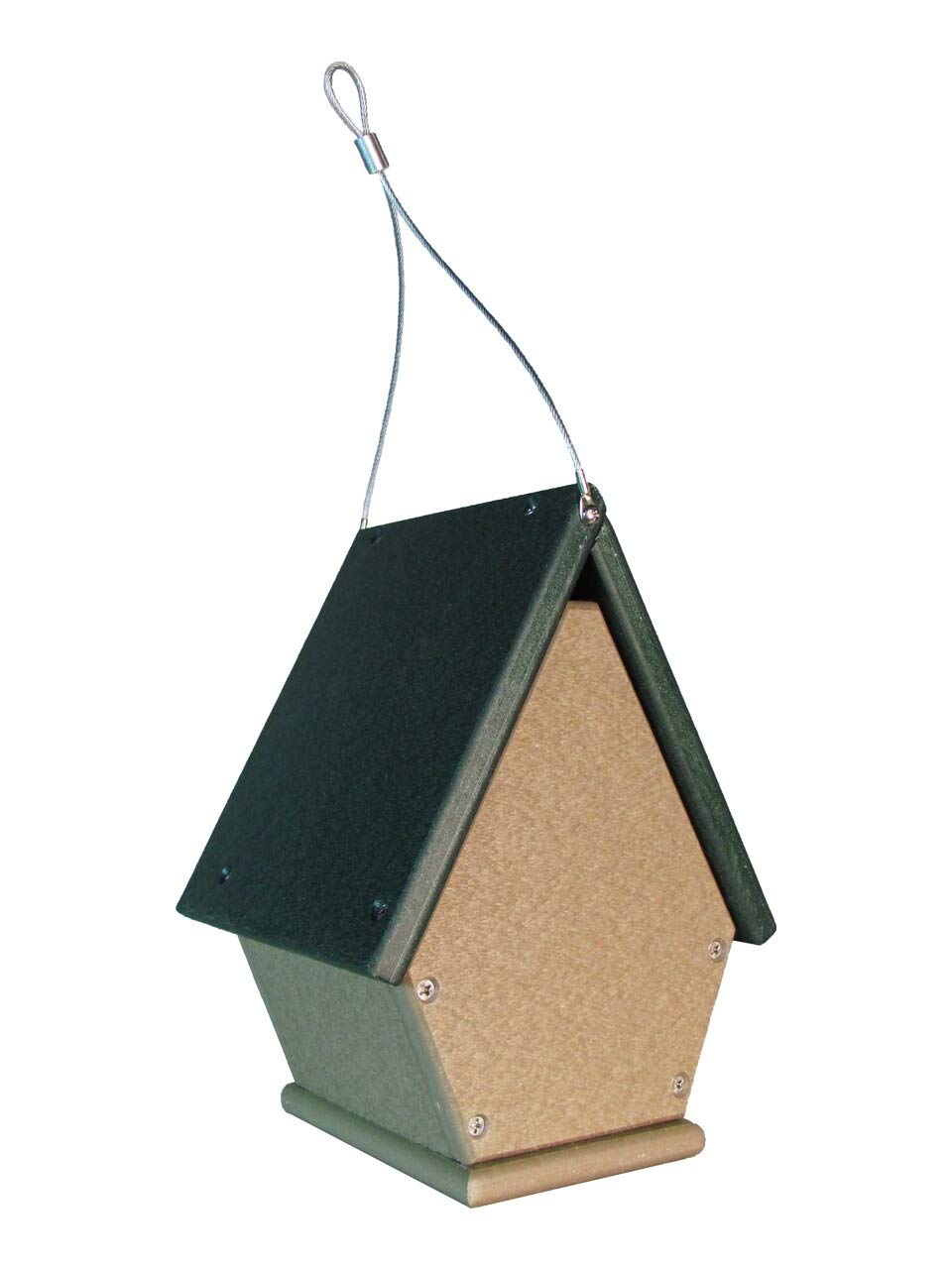 Recycled plastic birdhouse with a dark green roof tan body and silver wire hanger shown against a white background

