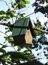 Recycled plastic birdhouse hanging from a tree branch in a garden featuring a dark green roof light beige body and ventilation slits against a backdrop of vibrant green leaves and a blue sky
