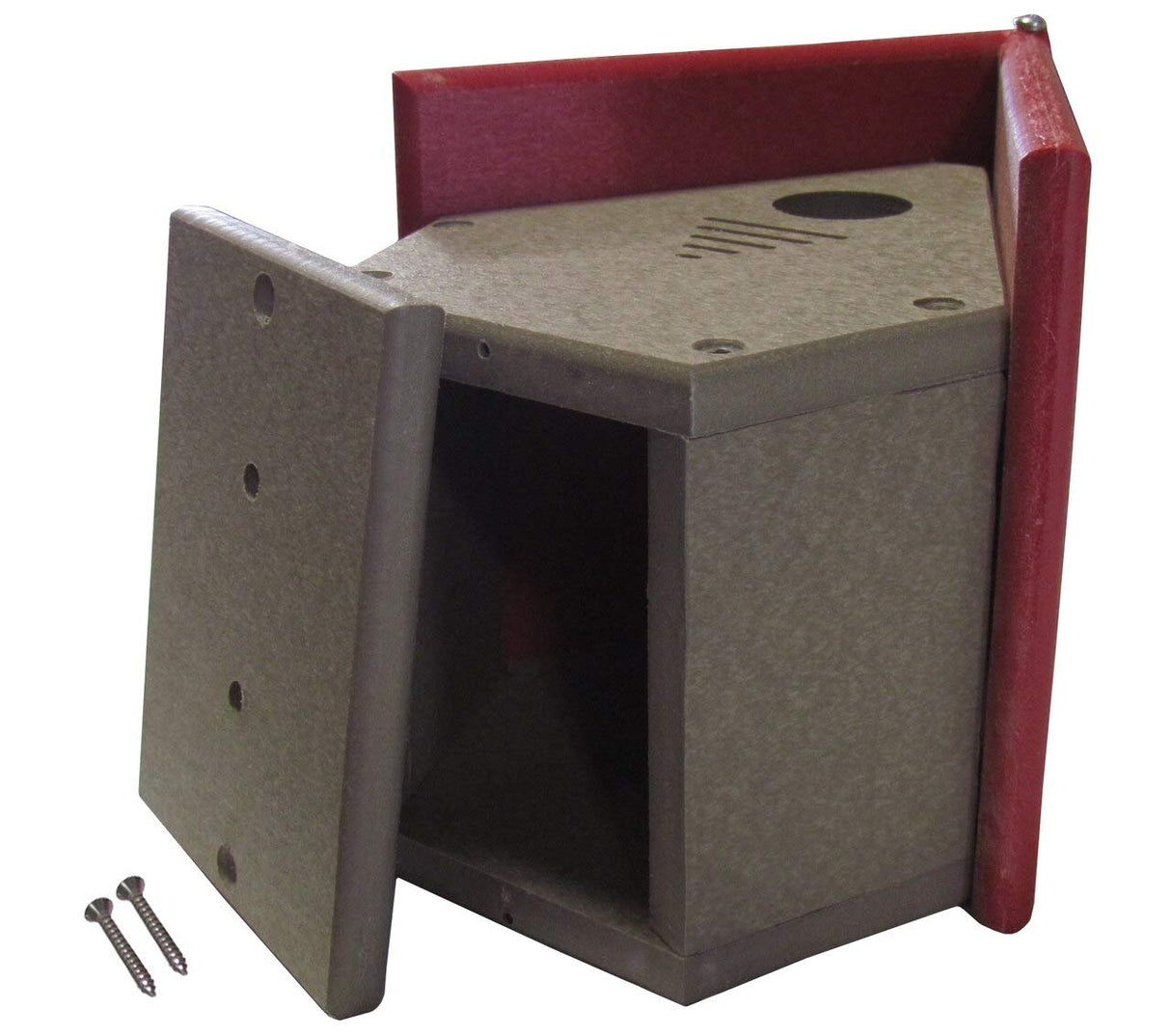Plastic recycled composite birdhouse with removable panel and maroon accents showing mounting screws and an entrance hole

