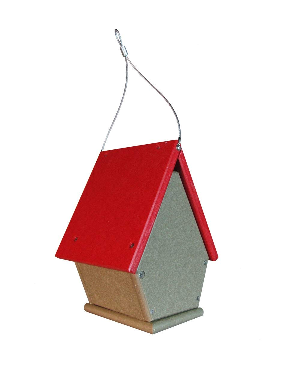Recycled plastic birdhouse with red roof and gray walls hanging from a silver wire
