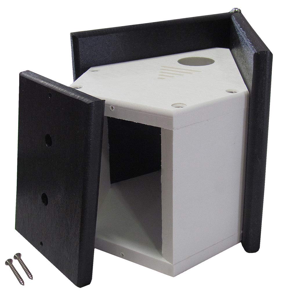 Plastic birdhouse with removable side panel showing interior detail and small screws included featuring a white body and black trim
