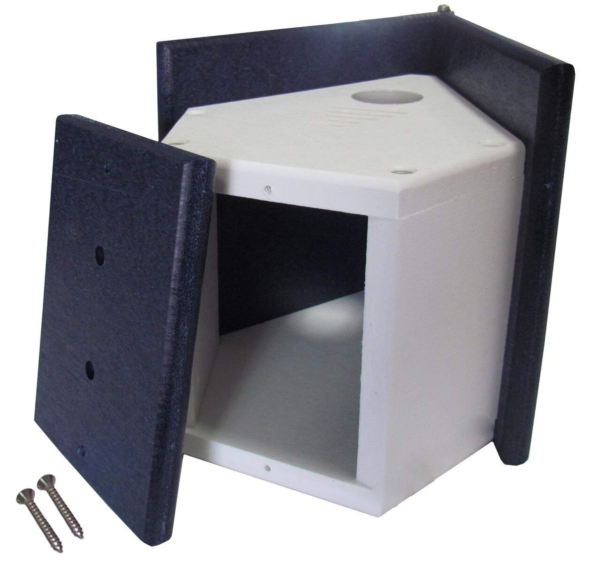 Plastic corner birdhouse with removable side panel featuring white interior dark gray exterior and small mounting screws
