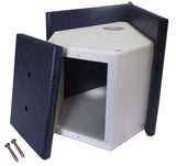 Plastic corner birdhouse with removable side panel featuring white interior dark gray exterior and small mounting screws