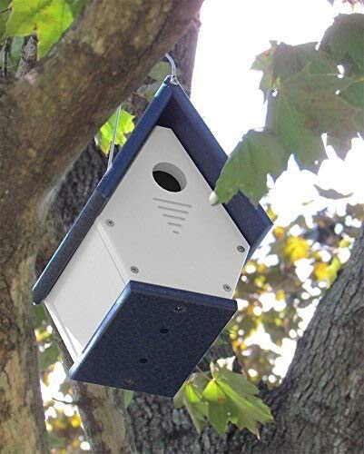 Recycled plastic birdhouse hanging from a tree branch featuring a white body, navy blue roof and base, and ventilation slots.
