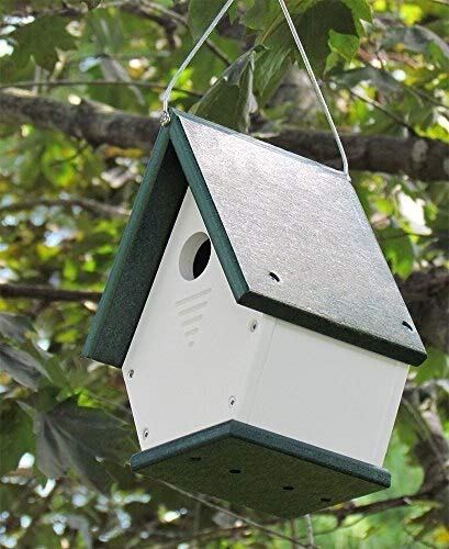 Recycled plastic birdhouse hanging from a tree branch featuring a white body green roof and base drainage holes and ventilation slots
