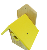 Wooden birdhouse with bright yellow roof and a small entry hole showing natural wood and metal accents
