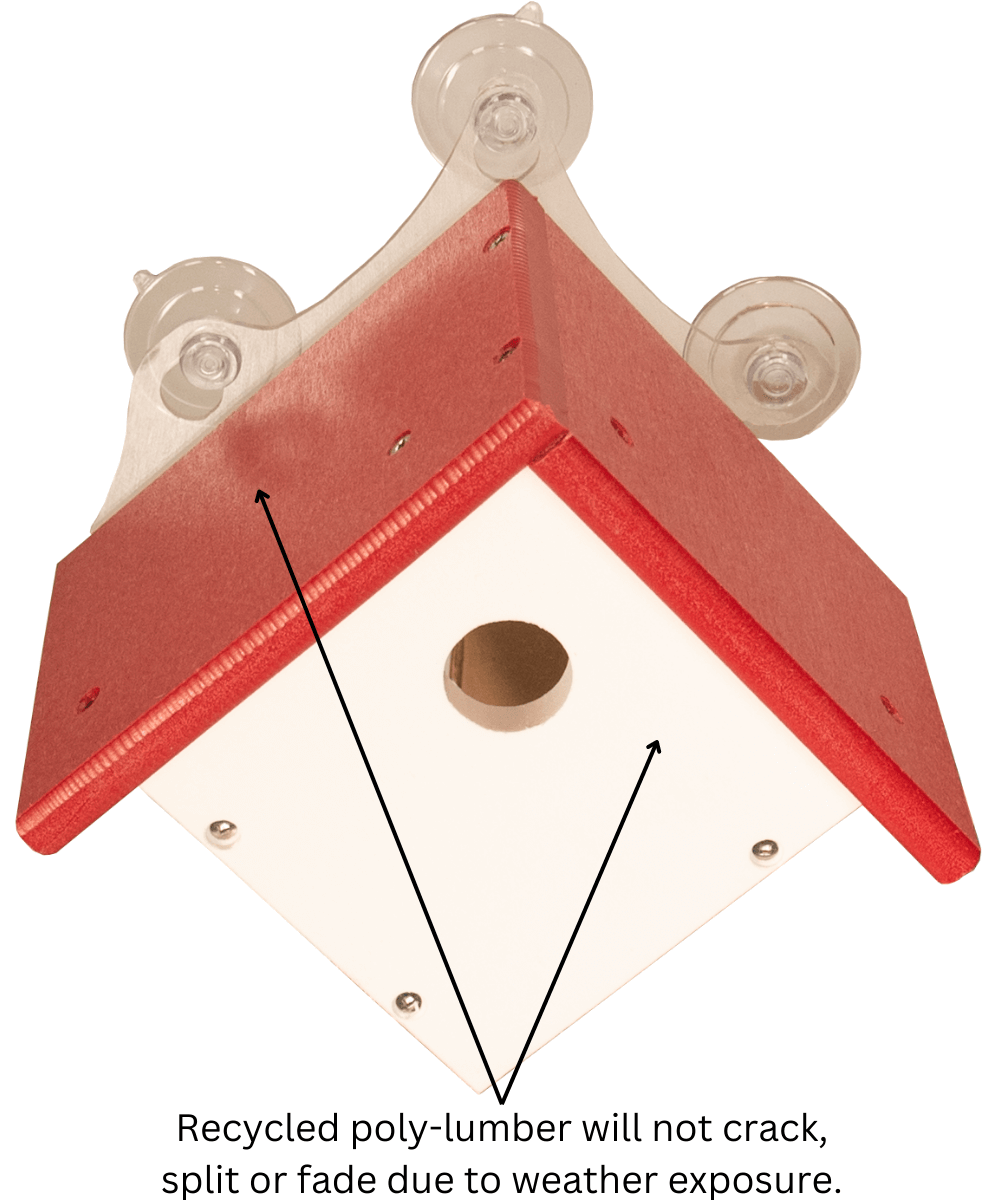JCS Wildlife Recycled Poly Lumber Window-Mount Wren House showcasing weather-resistant design and mounting features.