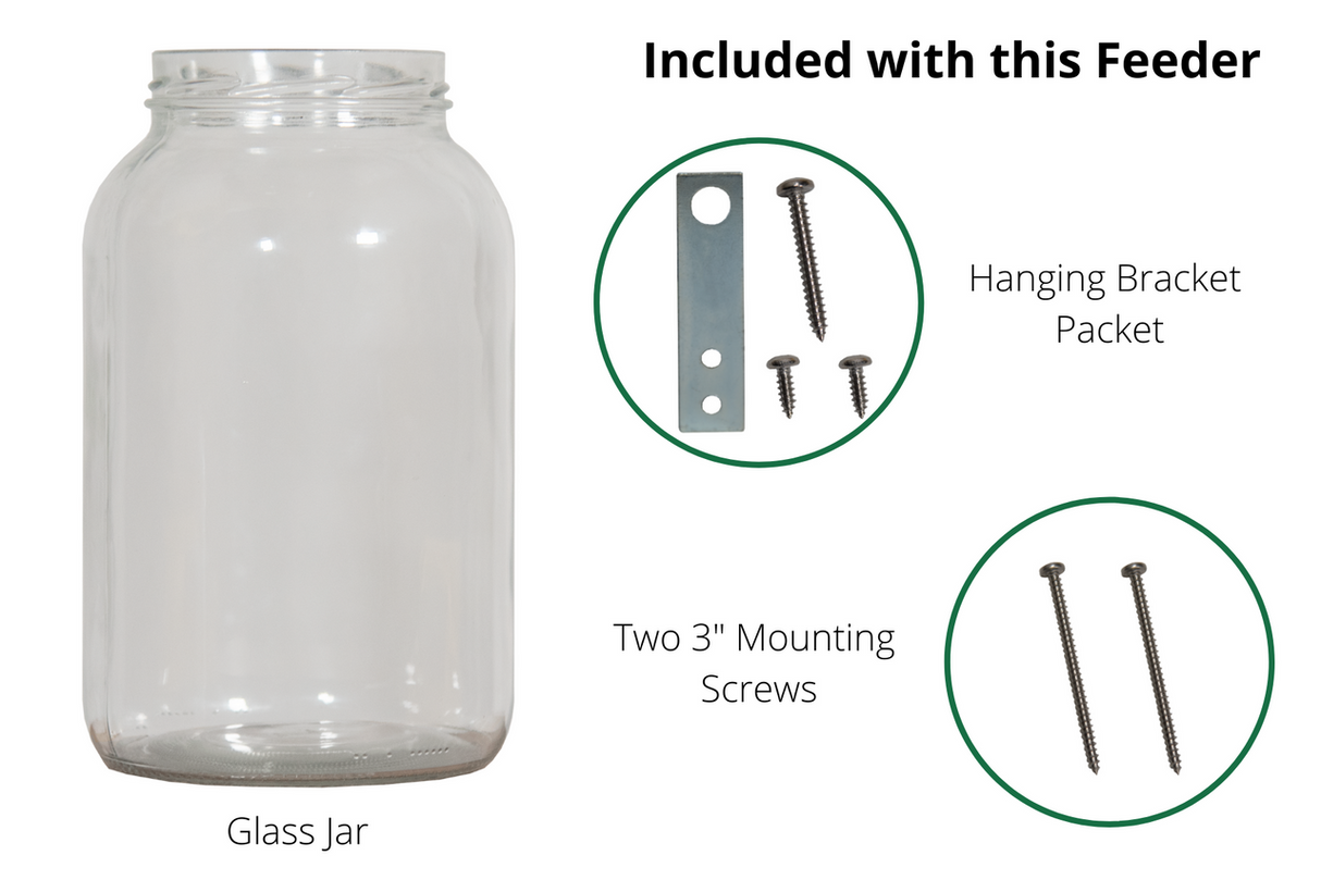 JCS Wildlife Squirrel Feeder components including glass jar, hanging bracket, and two mounting screws.