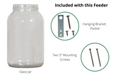 JCS Wildlife Squirrel Feeder components including glass jar, hanging bracket, and two mounting screws.