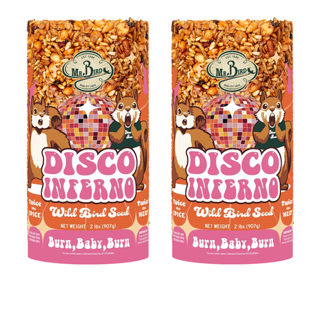 Mr. Bird Disco Inferno Wild Bird Seed 2 lbs packaging showcasing spicy seed mix, ideal for attracting birds.