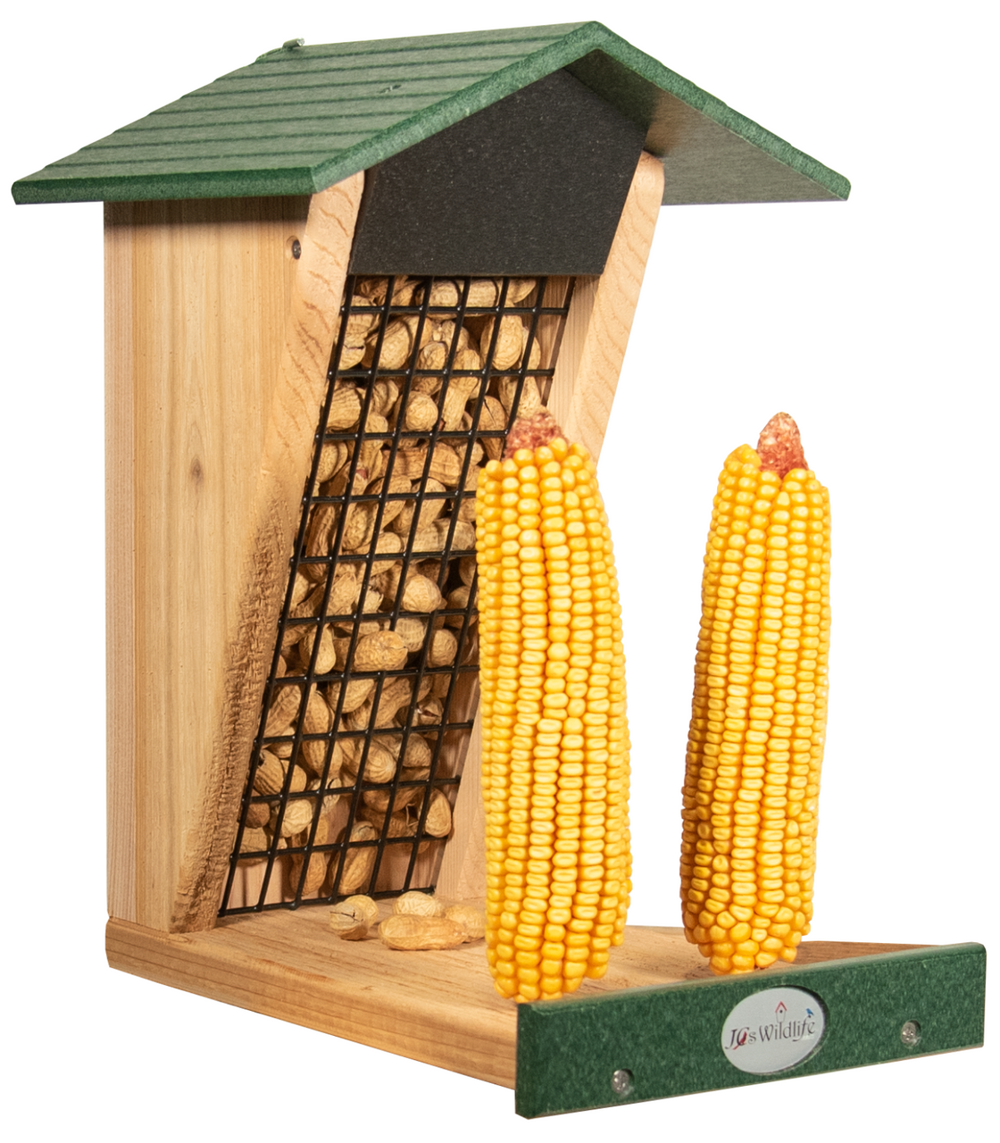 JCS Wildlife Double Snacker Squirrel Feeder with peanuts and corn, handcrafted for birdwatching enthusiasts.