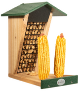JCS Wildlife Double Snacker Squirrel Feeder with peanuts and corn, handcrafted for birdwatching enthusiasts.