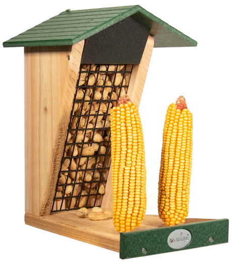 JCS Wildlife Double Snacker Squirrel Feeder with peanuts and corn, handcrafted for birdwatching enthusiasts.