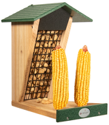 JCS Wildlife Double Snacker Squirrel Feeder with peanuts and corn, designed for attracting birds and squirrels.