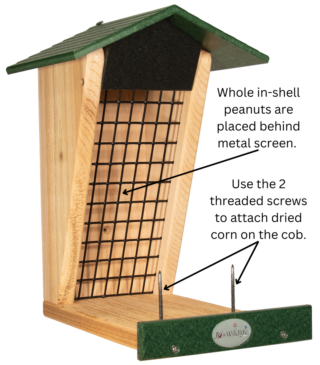 JCS Wildlife Double Snacker Squirrel Feeder with metal screen, for whole in-shell peanuts and dried corn attachment.