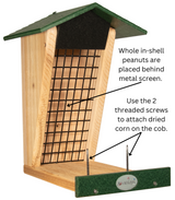 JCS Wildlife Double Snacker Squirrel Feeder with metal screen, for whole in-shell peanuts and dried corn attachment.