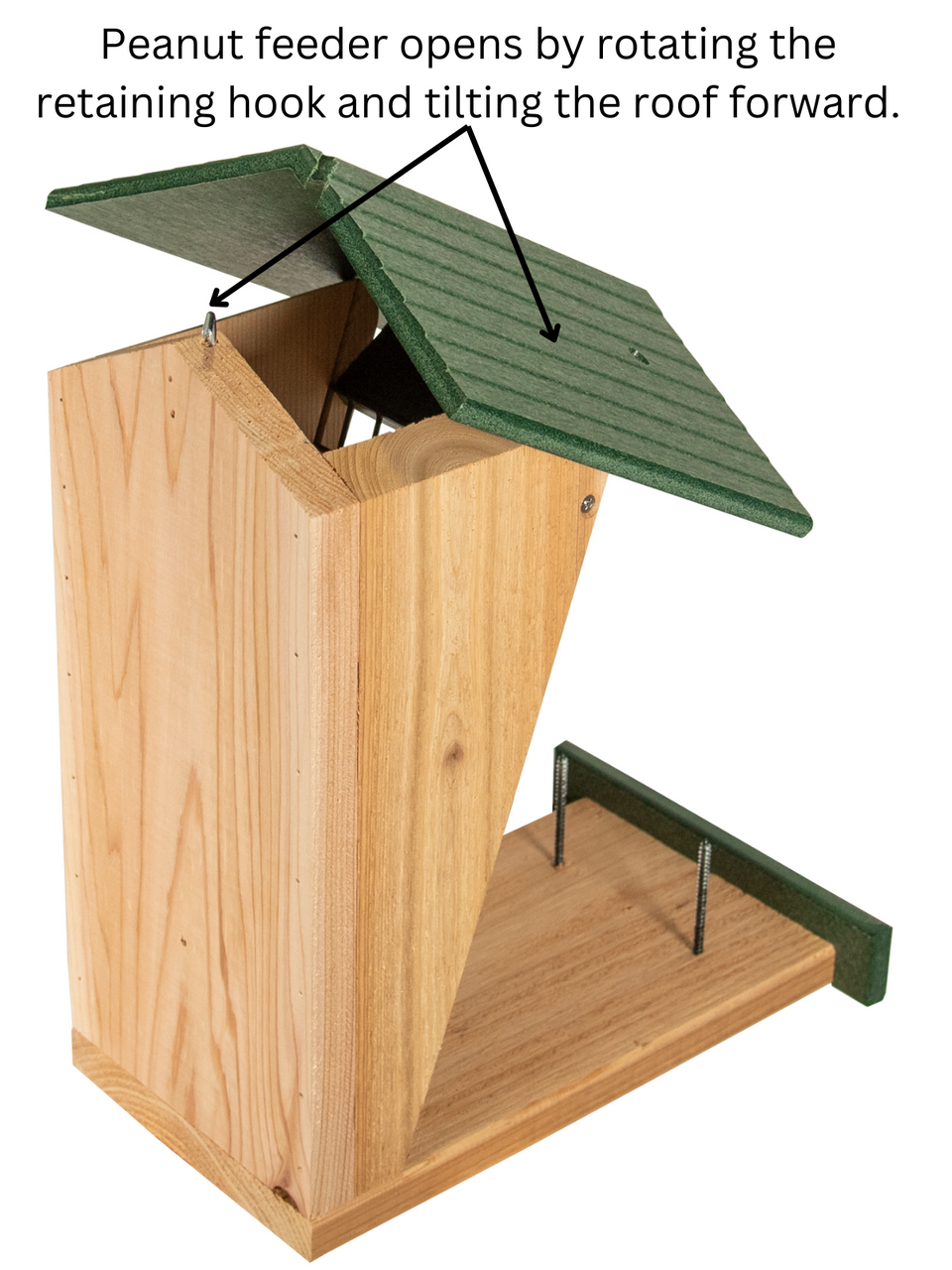 JCS Wildlife Double Snacker Squirrel Feeder with hinged roof for easy filling, featuring durable recycled materials.