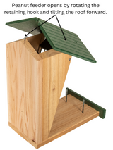 JCS Wildlife Double Snacker Squirrel Feeder with hinged roof for easy filling, featuring durable recycled materials.