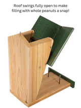 JCS Wildlife Double Snacker Squirrel Feeder with hinged roof for easy filling of whole peanuts.