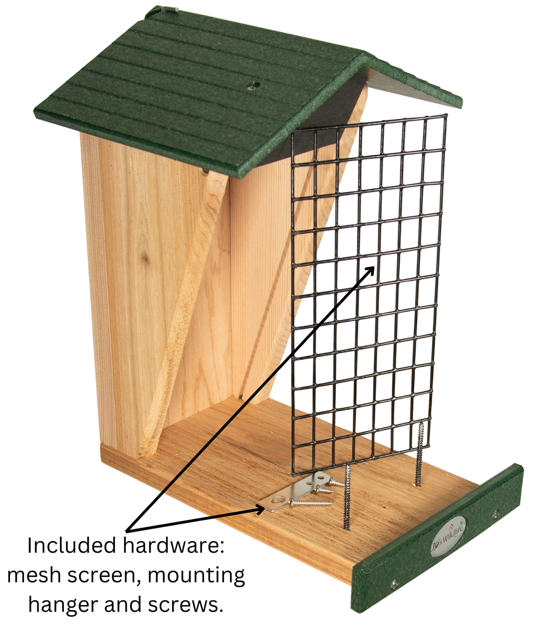 JCS Wildlife Double Snacker Squirrel Feeder with mesh screen and mounting hardware for easy filling and installation.