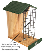 JCS Wildlife Double Snacker Squirrel Feeder with mesh screen and mounting hardware for easy filling and installation.