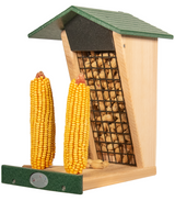 JCS Wildlife Double Snacker Squirrel Feeder with corn and whole-shell peanuts for birds and squirrels.
