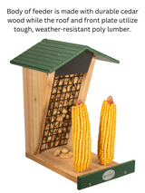 JCS Wildlife Double Snacker Squirrel Feeder made from durable cedar and weather-resistant poly lumber with corn displays.