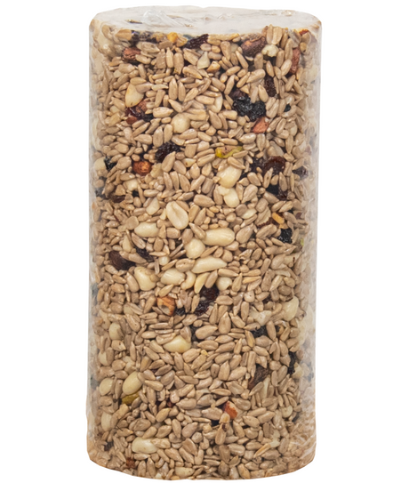 JCS Wildlife No Mess, No Waste Fruit Blend Premium Bird Seed cylinder, 2 lb, made with quality ingredients for birds.