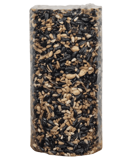 Photograph of a block of birdseed containing sunflower seeds, black oil sunflower seeds, and peanuts in a clear plastic wrapper
