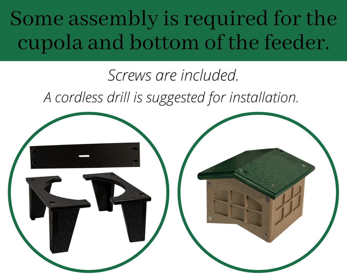 Assembly instructions for JCS Wildlife Double Colossal Ground Fly Thru Bird Feeder parts and included screws.