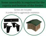 Assembly instructions for JCS Wildlife Double Colossal Ground Fly Thru Bird Feeder parts and included screws.
