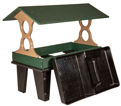 Plastic recycled bird feeder with green roof tan supports and black tray featuring a convenient handle and elevated design for easy access