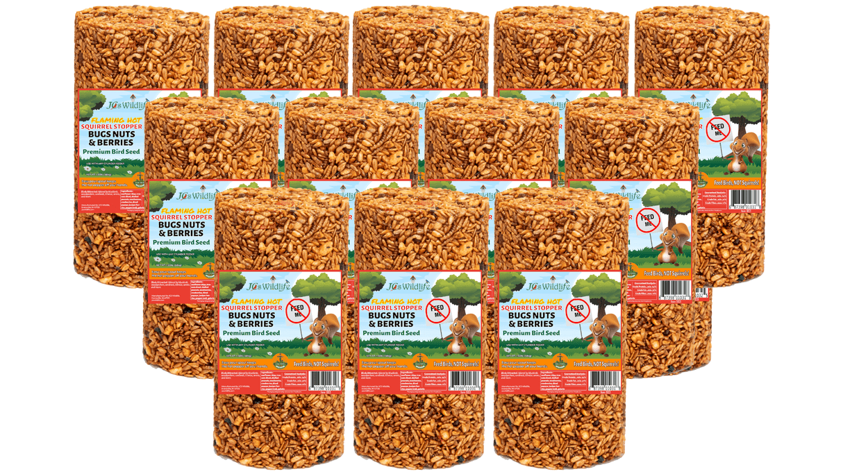 JCS Wildlife Squirrel Stopper Bugs Nuts & Berries Small Cylinder 1.5lbs, premium wildlife feed for squirrels.