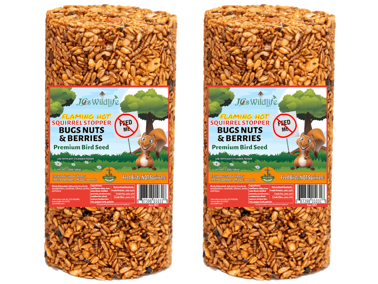 JCS Wildlife Squirrel Stopper Bugs Nuts & Berries Small Cylinder 1.5lbs, premium bird seed for birds, not squirrels.