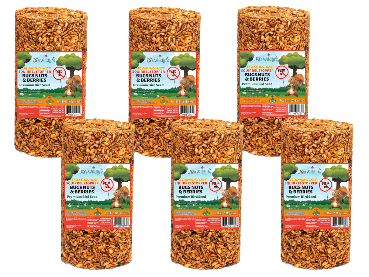JCS Wildlife Squirrel Stopper Bugs Nuts & Berries small cylinder, 1.5lbs wildlife bird food with tree nuts and mealworms.