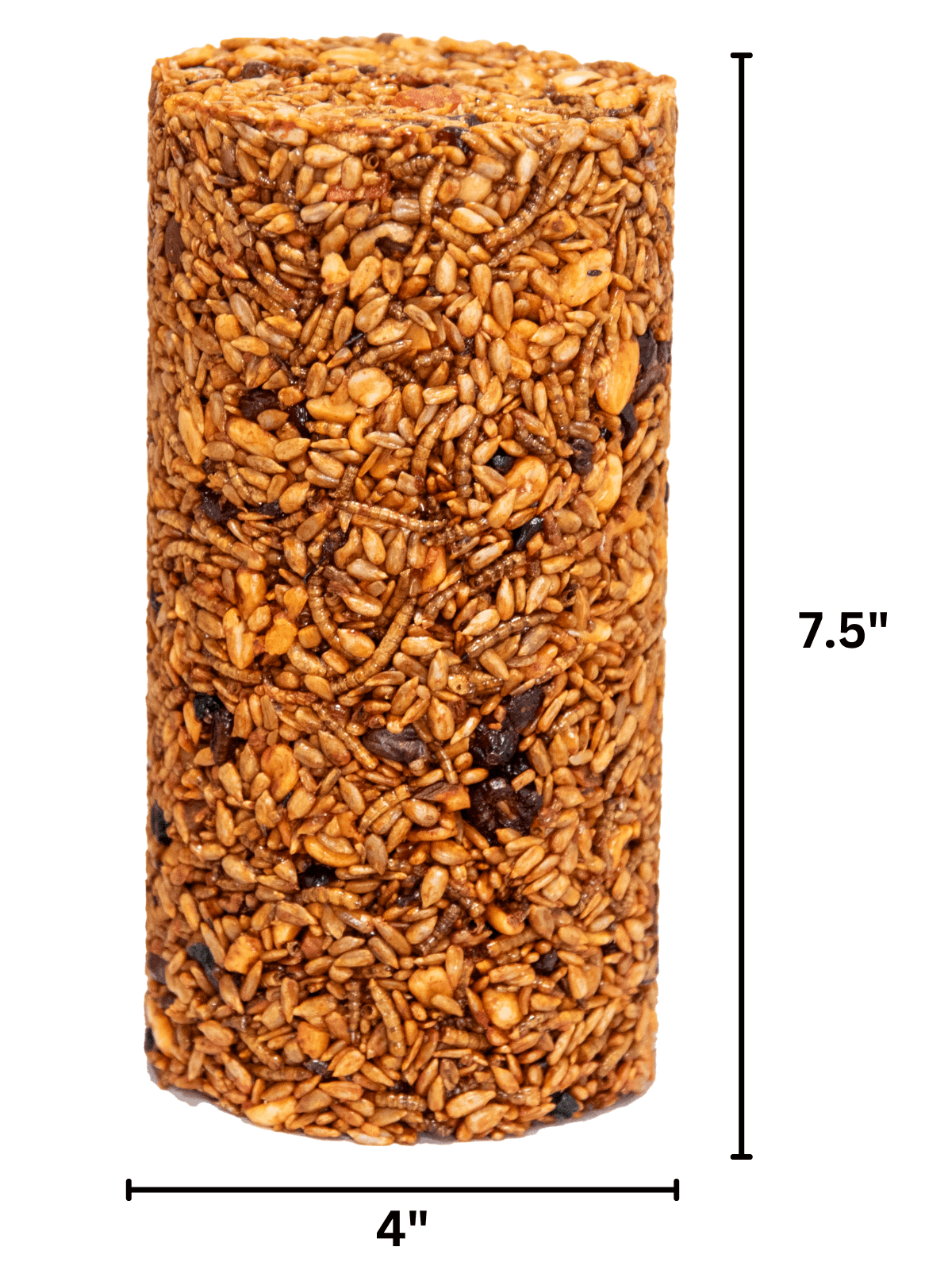 JCS Wildlife Squirrel Stopper Bugs Nuts & Berries Small Cylinder showing dimensions 4" x 7.5", made from nuts and berries.