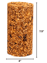 JCS Wildlife Squirrel Stopper Bugs Nuts & Berries Small Cylinder showing dimensions 4" x 7.5", made from nuts and berries.