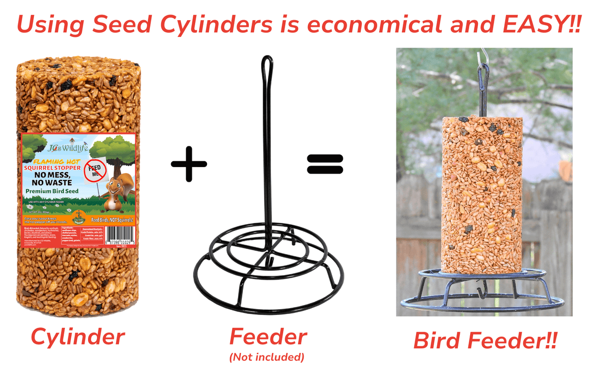 JCS Wildlife Squirrel Stopper No Mess, No Waste Small Cylinder 2lbs displayed with feeder for easy bird feeding.