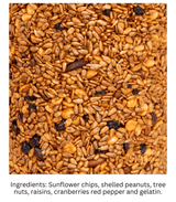 Close-up of JCS Wildlife Squirrel Stopper, featuring sunflower chips, shelled peanuts, nuts, raisins, and cranberries.