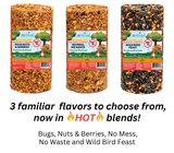 JCS Wildlife Squirrel Stopper Wild Bird Feast small cylinder 1.5lbs featuring Bugs, Nuts & Berries, No Mess, and Wild Bird Feast blends.