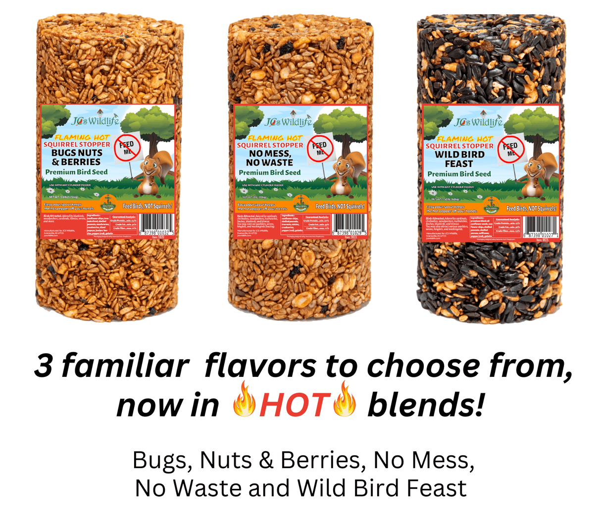 JCS Wildlife Squirrel Stopper Bugs, Nuts & Berries, No Mess, Wild Bird Feast 1.5lbs cylinder bird food options.