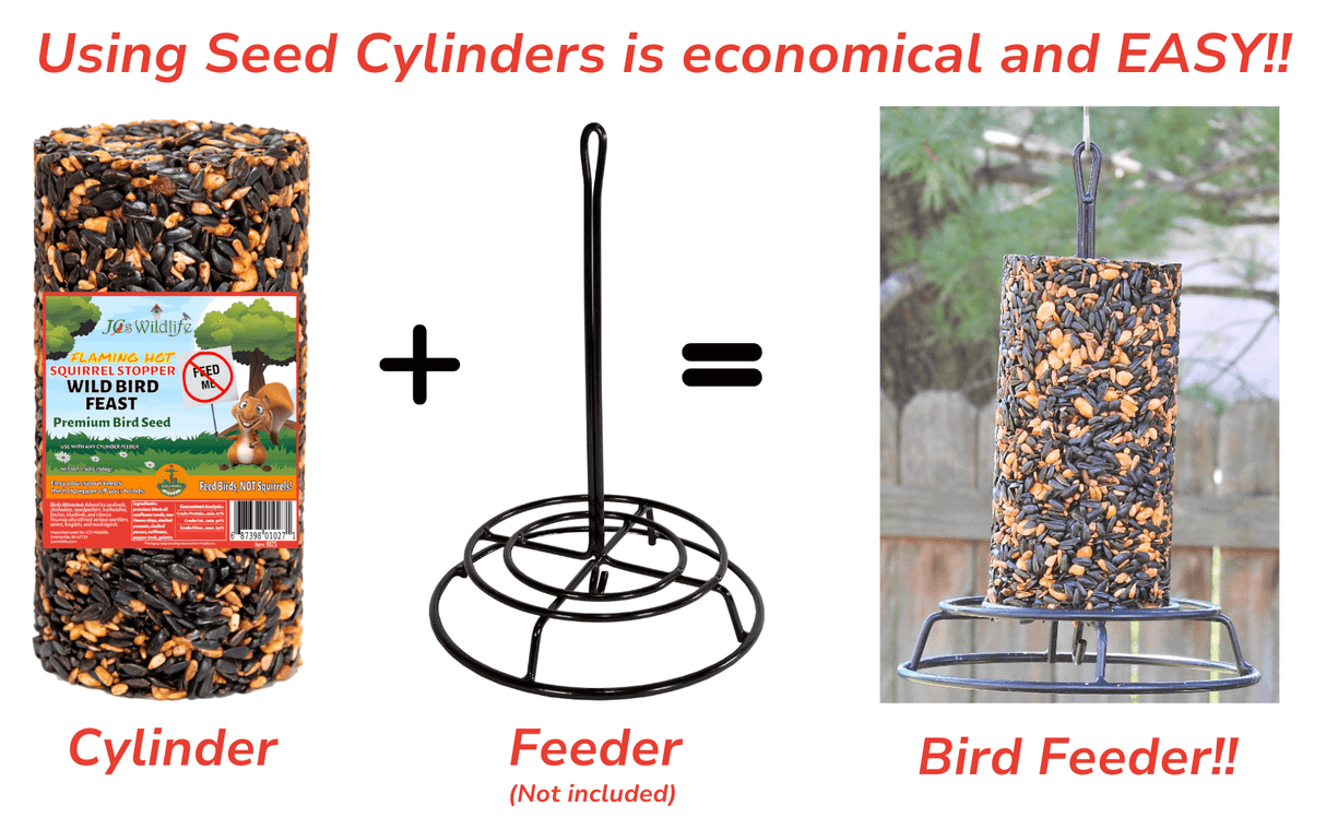JCS Wildlife Squirrel Stopper Wild Bird Feast small cylinder, simple bird feeder setup, easy to use seed cylinder.
