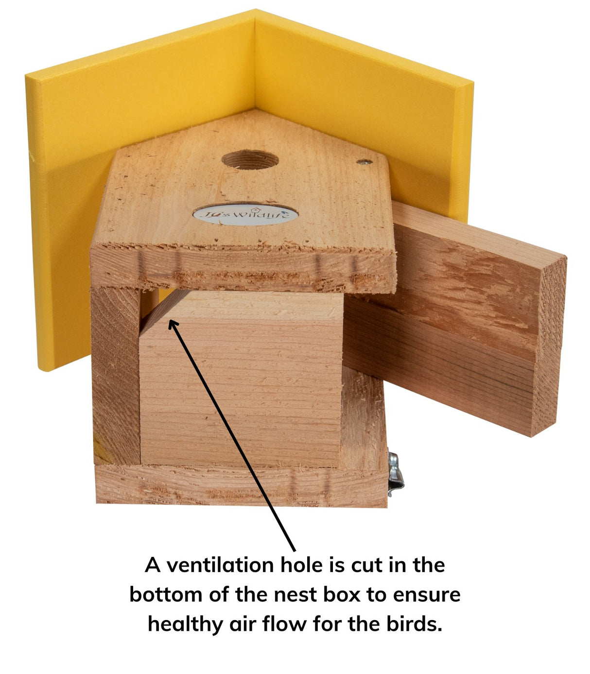 JCS Wildlife Chickadee Birdhouse with open side for ventilation, eco-friendly recycled poly lumber roof, and cedar body designed for easy cleaning
