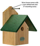 JCS Wildlife eco-friendly chickadee birdhouse with green recycled poly lumber roof and 3" mounting screw.