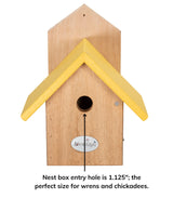 JCS Wildlife Nature Products USA Chickadee Birdhouse with 1.125" Portal Opening, Cedar Body, and Yellow Recycled Poly Lumber Roof