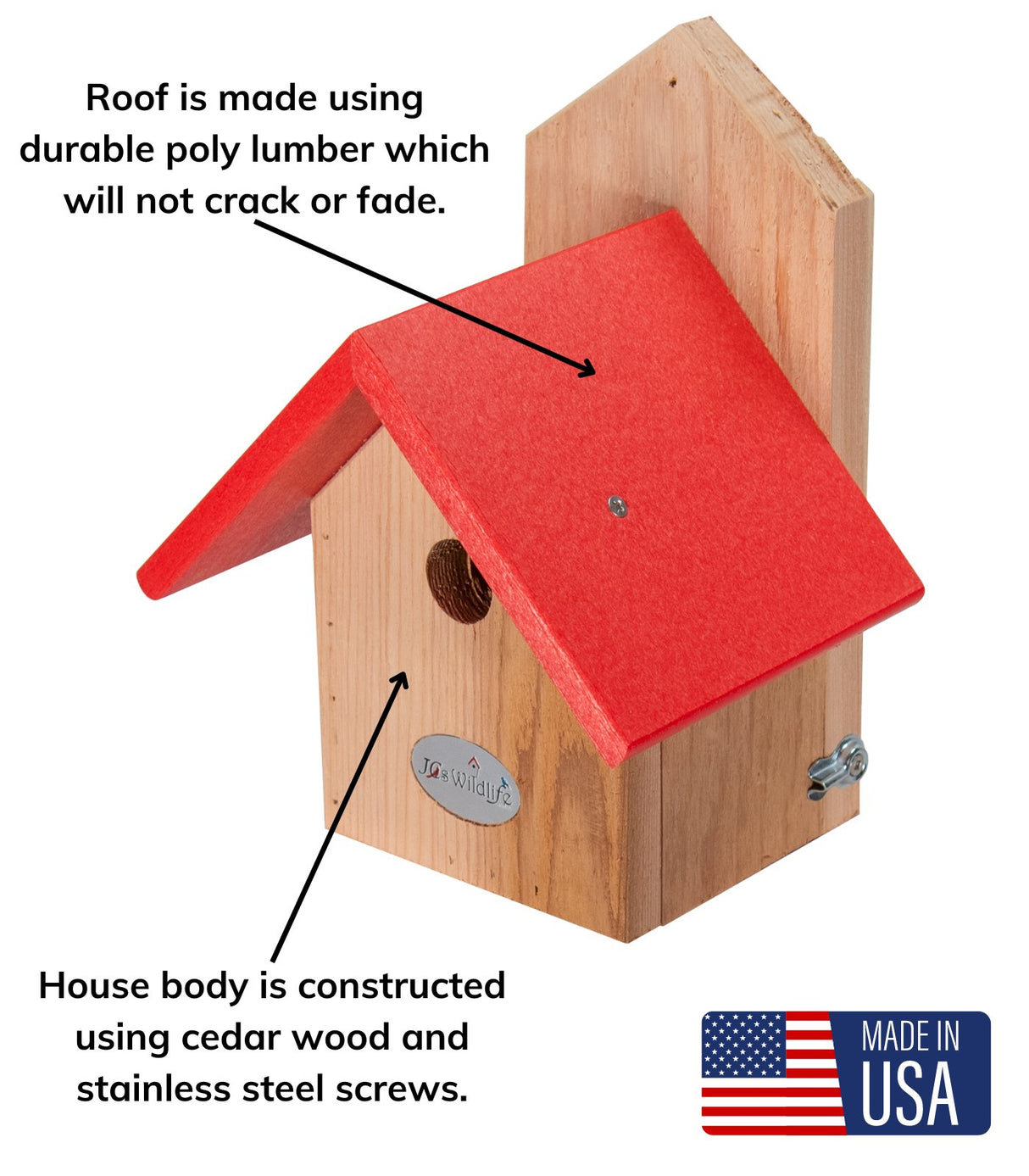 Eco-friendly Chickadee birdhouse with red poly lumber roof and cedar body made in the USA.